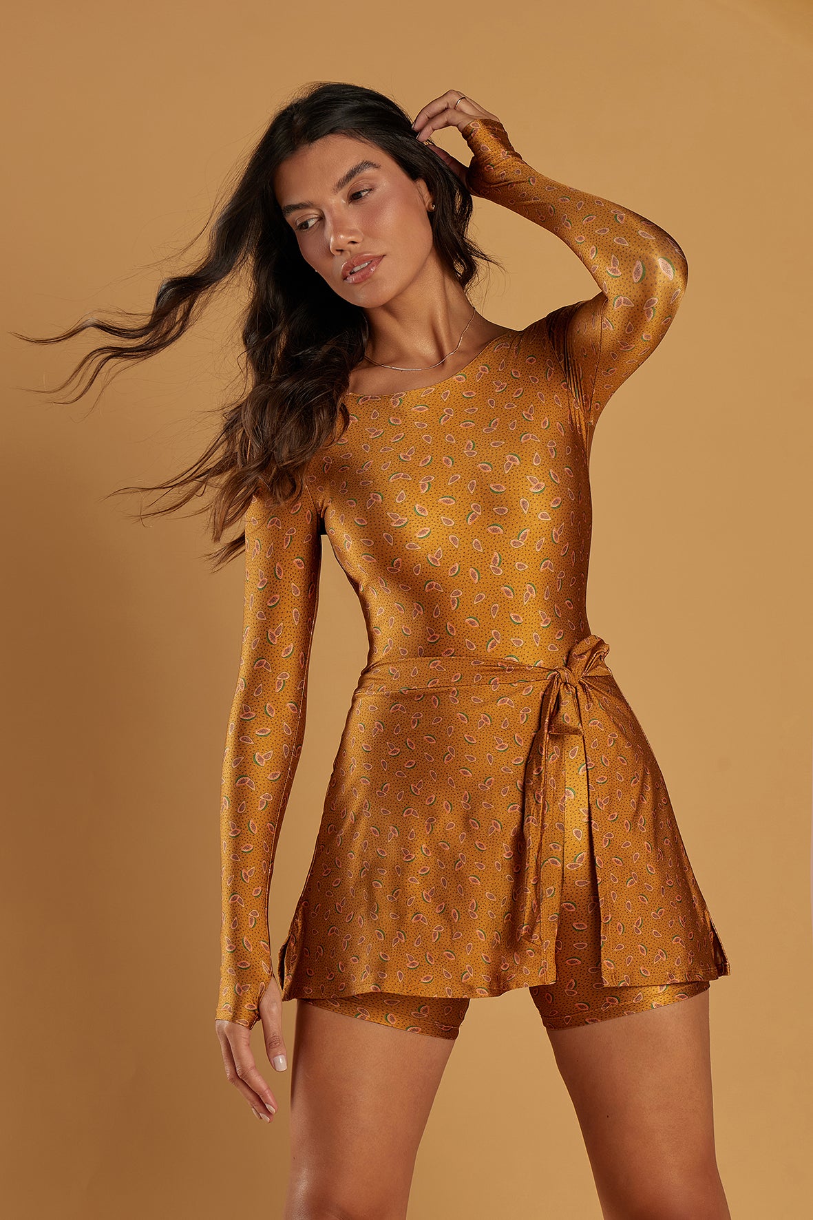 Nova Rio Wrap Dress Golden Papaya women’s long-sleeve performance dress front view